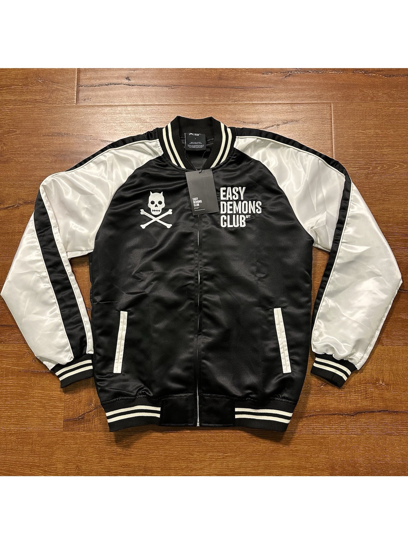 Easy Demons Club Satin Bomber Jacket Mens L Black Full Zip Skull Demon Hell Punk